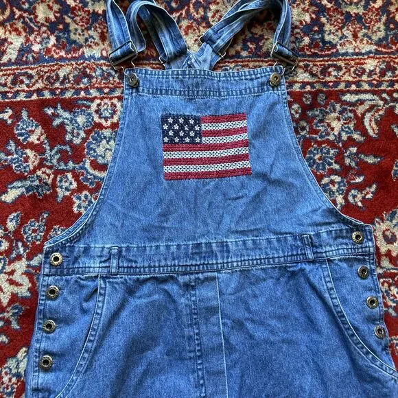 Agapo 90s Women Denim Overalls American Flag Blue Jean USA Embroidered M VTG - Picture 2 of 6